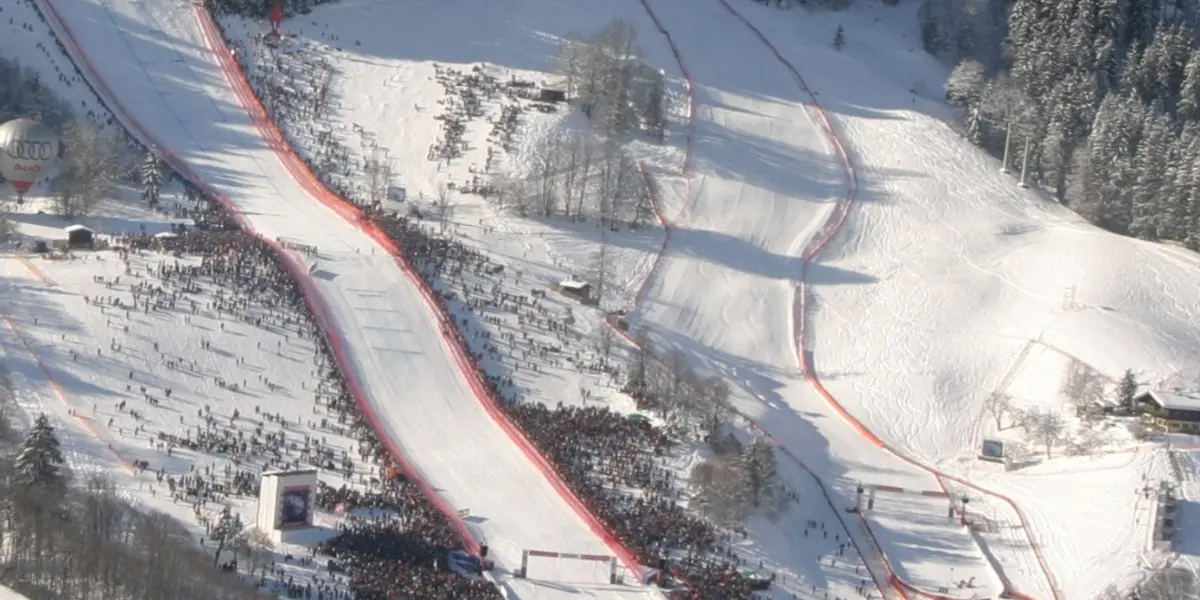 Ski race course winding down the slopes above Kitzbühel